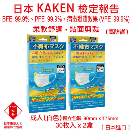 图片 日本东京大和 - 口罩 成人 医用口罩 日本进口 BFE 99.9% + PFE 99.9% + VEF 99.9% 三层立体不织布口罩 (白色)(2x30个/盒)