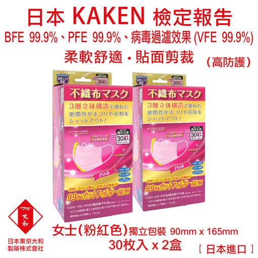 图片 日本东京大和 - 口罩 女仕用 医用口罩 日本进口 BFE 99.9%+ PFE 99.9% +VFE 99.9% 三层立体不织布口罩 (粉红色)(2x30个/盒)
