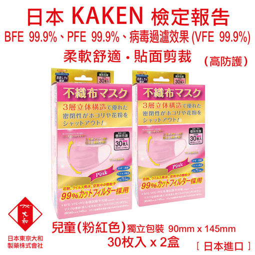 图片 日本东京大和 - 口罩 儿童 医用口罩 日本进口 BFE 99.9%+ PFE 99.9% + VFE 99.9% 三层立体不织布口罩 (粉红色)(2x30个/盒)